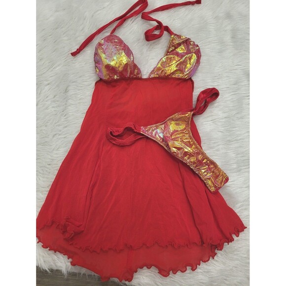 Exotic Handmade Cherry Red Babydoll Dancewear 2 Piece Set Size Small/Medium - Picture 1 of 7